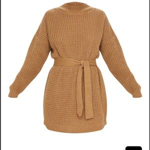 Camel Soft Touch Belted Knitted Jumper Dress